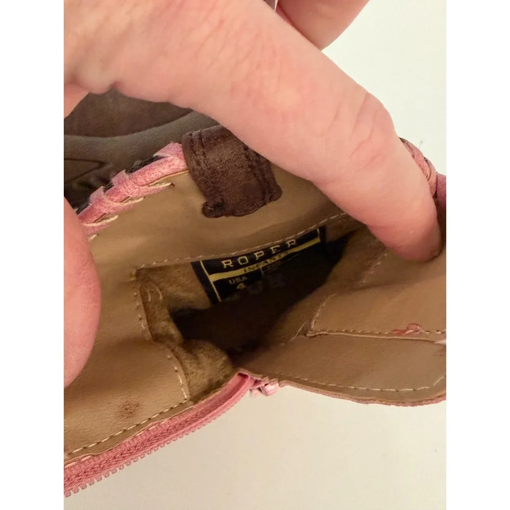 Roper Infant Girls Pink Brown Western Cowboy Boots Size 4 Side Zip Stitching